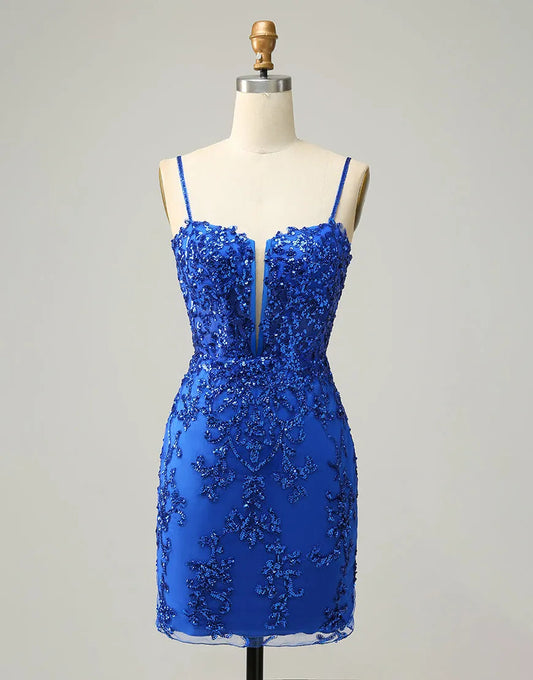 Royal Blue Short Homecoming Dress With Beading And Sequin