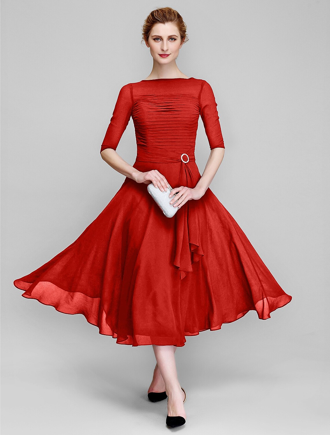 A-Line Mother of the Bride Dress Fall Wedding Guest Dresses Plus Size Elegant Bateau Neck Tea Length Chiffon Half Sleeve