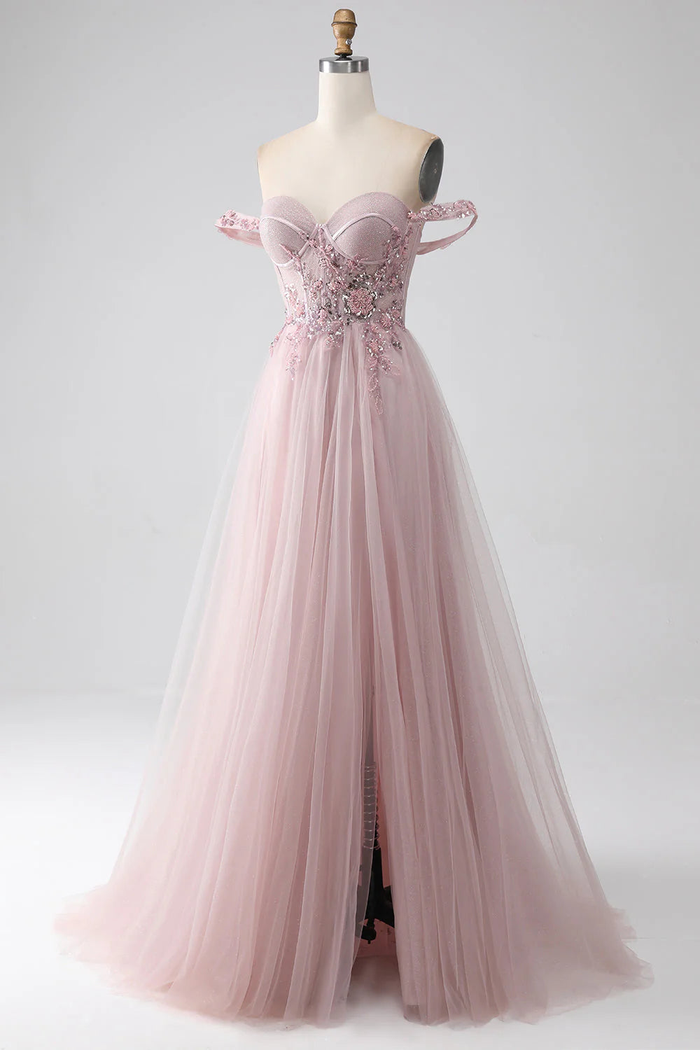 A Line Beaded Prom Dress with Slit Off Shoulder Long Sexy