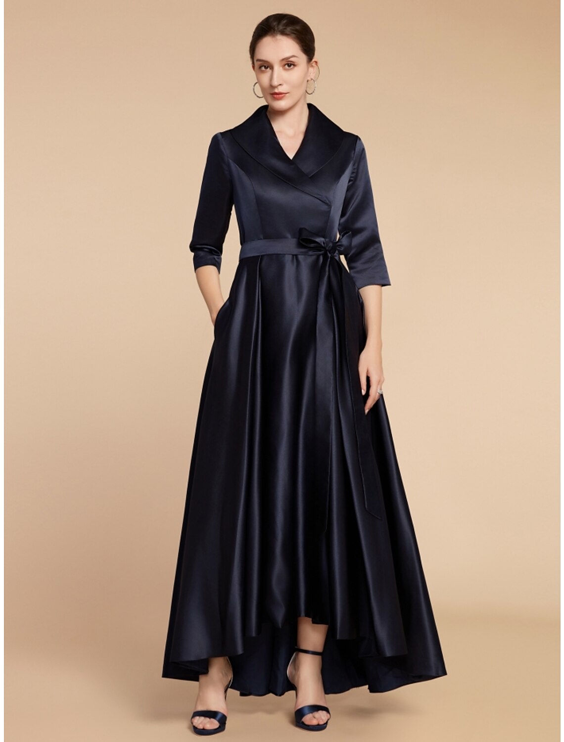 A-Line Mother of the Bride Dress Wedding Guest Elegant V Neck Ankle Length Satin Half Sleeve with Sash / Ribbon Ruching