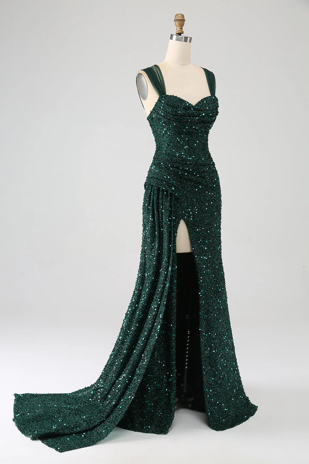 Sheath Sequin Pleated Long Prom Dress With Thigh Split Sexy Sparkly