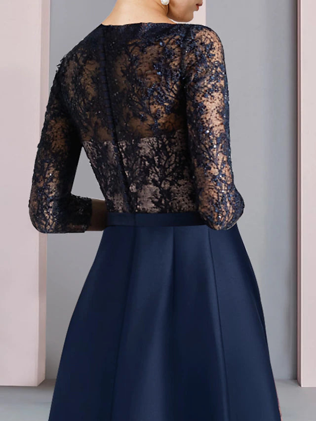 A-Line Mother of the Bride Dress Wedding Guest Elegant High Low V Neck Asymmetrical Tea Length Satin Lace Half Sleeve with Bow(s) Color