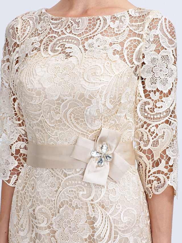 Sheath / Column Mother of the Bride Dress Formal Wedding Guest Plus Size Elegant Illusion Neck Knee Length All Over Lace 3/4 Length Sleeve