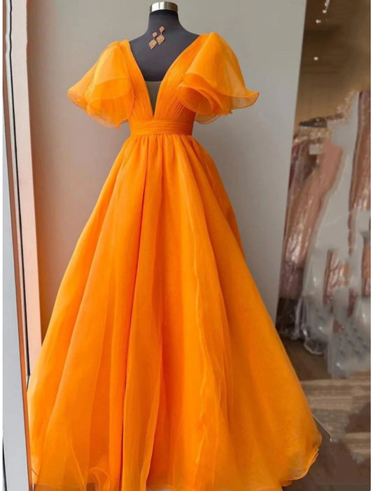 Ball Gown Evening Gown Celebrity Style Dress Wedding Party Floor Length Short Sleeve V Neck Organza with Pleats