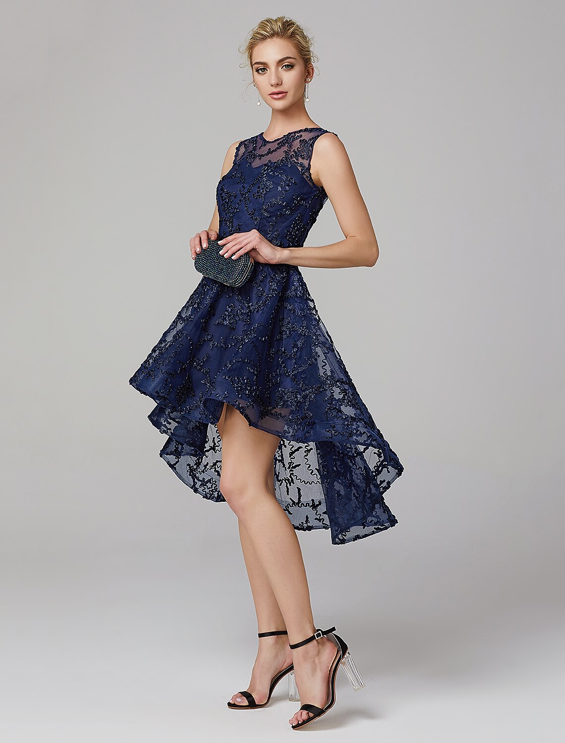 A-Line Hot Dress Wedding Guest Cocktail Party Asymmetrical Sleeveless Illusion Neck Tulle