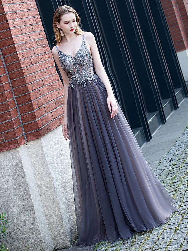 A-Line Minimalist Elegant Party Wear Prom Dress V Neck Sleeveless Floor Length Tulle with Pleats