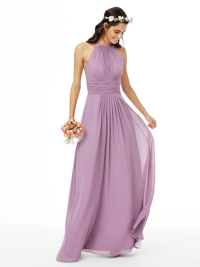 Sheath / Column Bridesmaid Dress Jewel Neck Sleeveless Beautiful Back Floor Length Chiffon with Lace / Sash / Ribbon