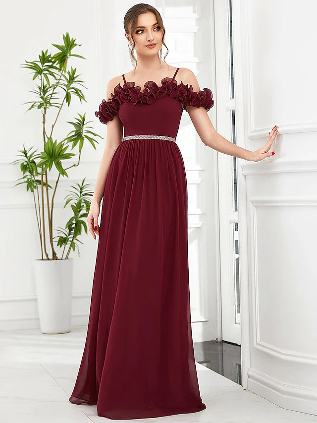 A-Line Prom Dresses Vintage Dress Wedding Guest Floor Length Sleeveless Off Shoulder Chiffon with Appliques Flower