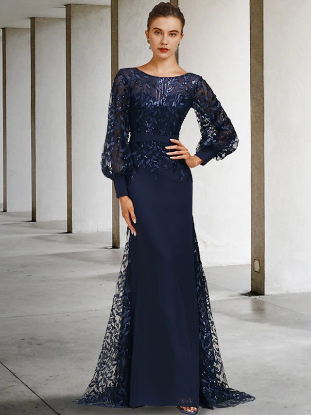 Mermaid / Trumpet Mother of the Bride Dress Vintage Elegant Jewel Neck Sweep / Brush Train Chiffon Lace Long Sleeve