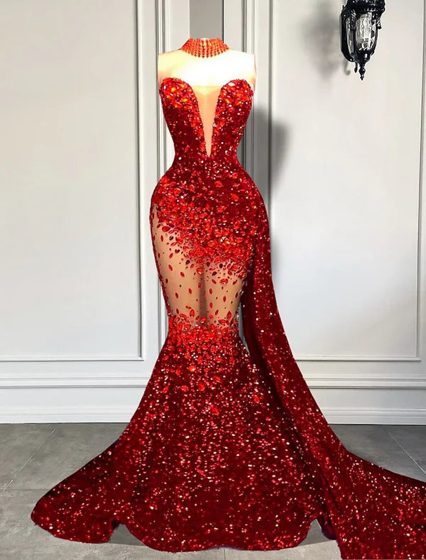 Mermaid / Trumpet Evening Gown Sparkle & Shine Dress Carnival Formal Court Train Sleeveless Strapless African American Sequined with Beading