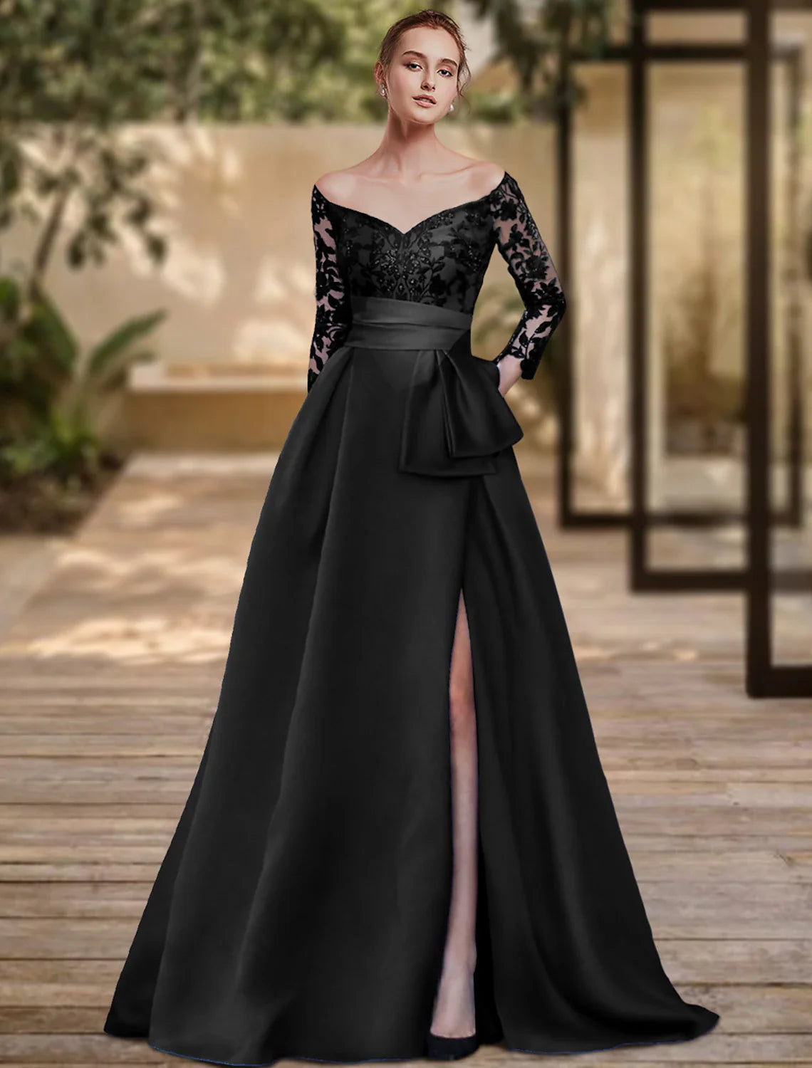 Sheath / Column Evening Gown High Split Dress Formal Wedding Guest Sweep / Brush Train 3/4 Length Sleeve Off Shoulder Charmeuse with Bow(s)
