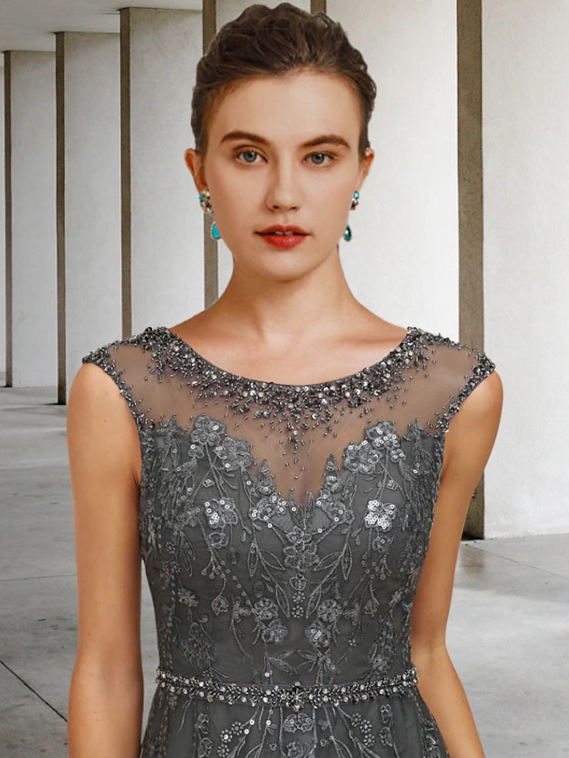 A-Line Mother of the Bride Dress Luxurious Elegant Jewel Neck Floor Length Lace Tulle Sleeveless with Sash Beading Sequin