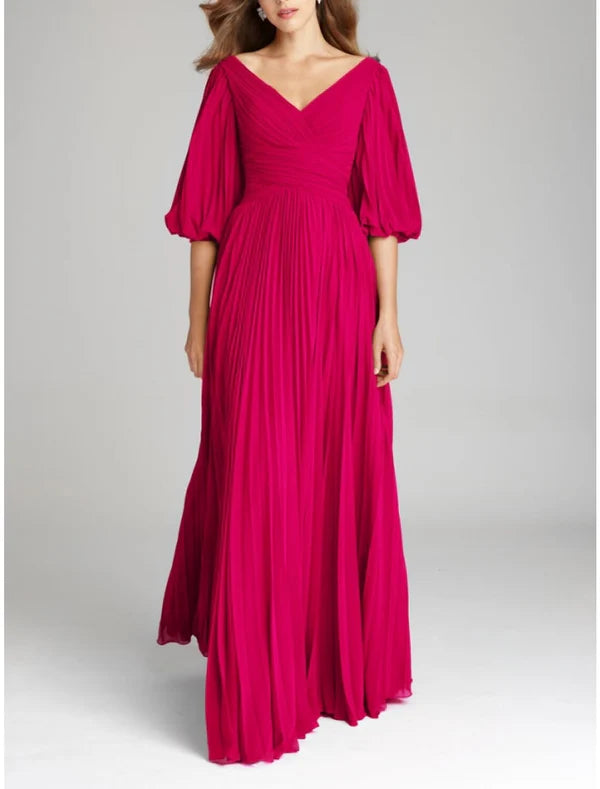 A-Line Evening Gown Elegant Dress Formal Floor Length Half Sleeve V Neck Chiffon with Pleats