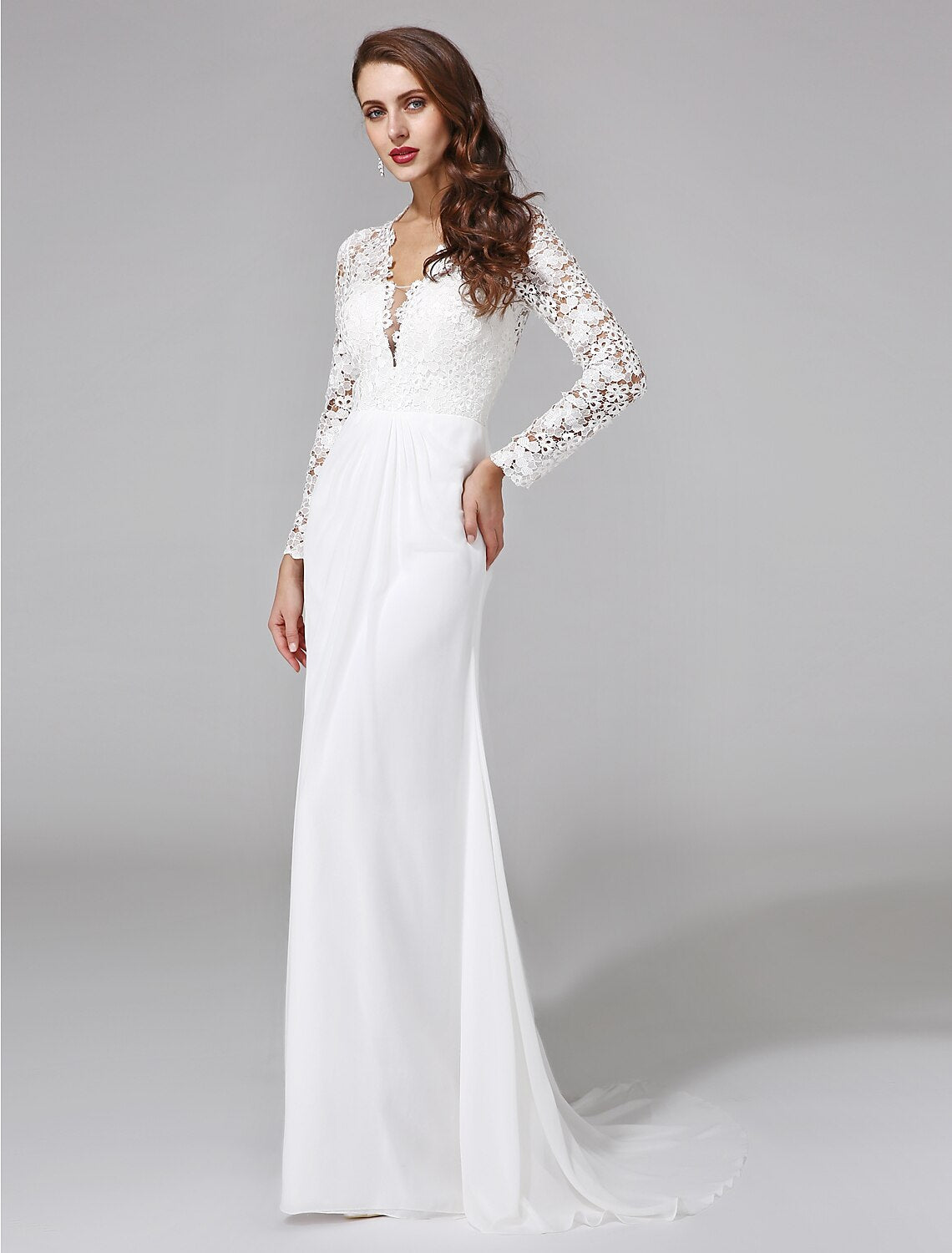 Beach Royal Style Boho Wedding Dresses Sweep / Brush Train Sheath / Column Long Sleeve Illusion Neck Chiffon