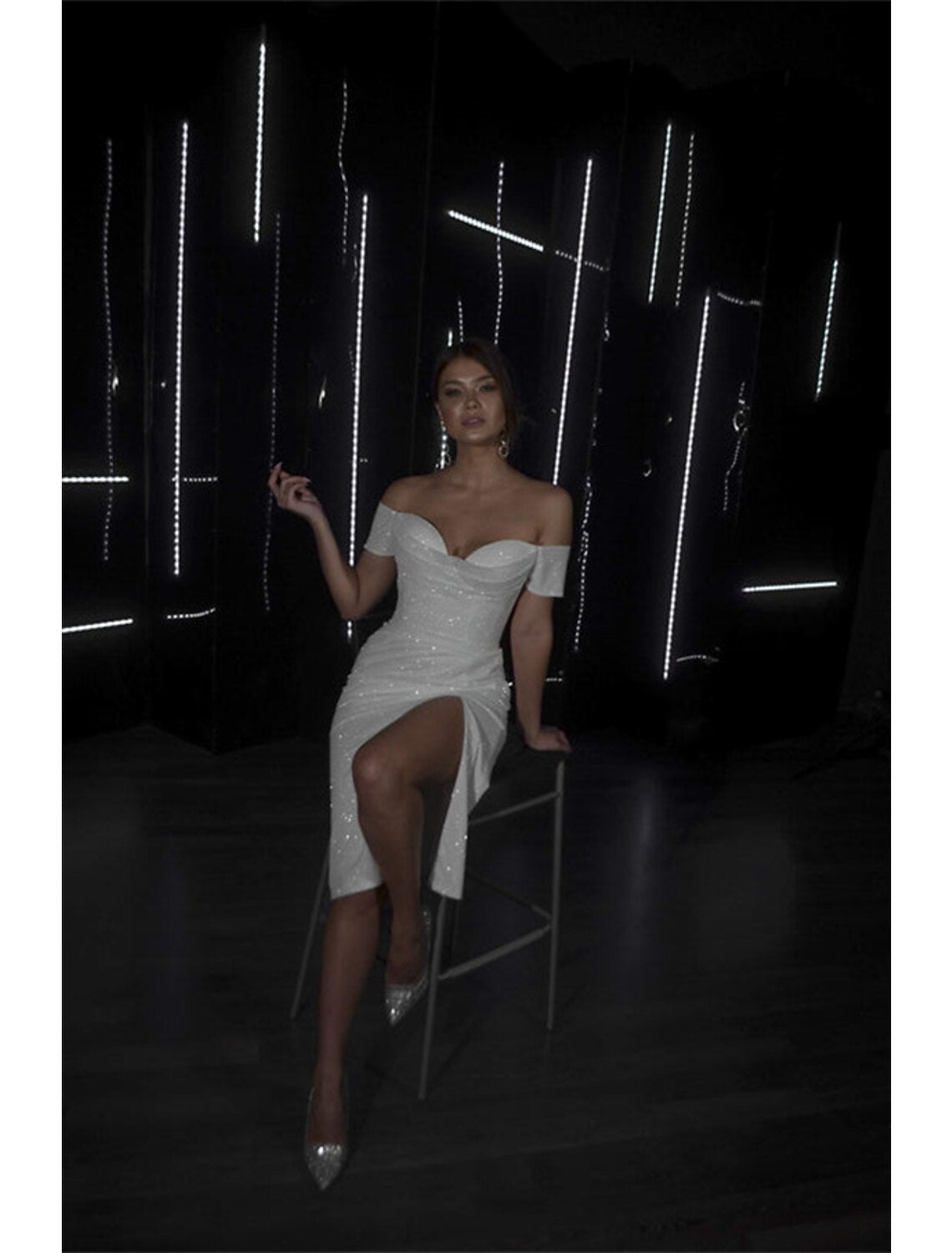 Bachelorette Party Sparkle & Shine Little White Dresses Wedding Dresses Sheath / Column Off Shoulder Cap Sleeve Tea Length Sequined Bridal Gowns With Ruched Split