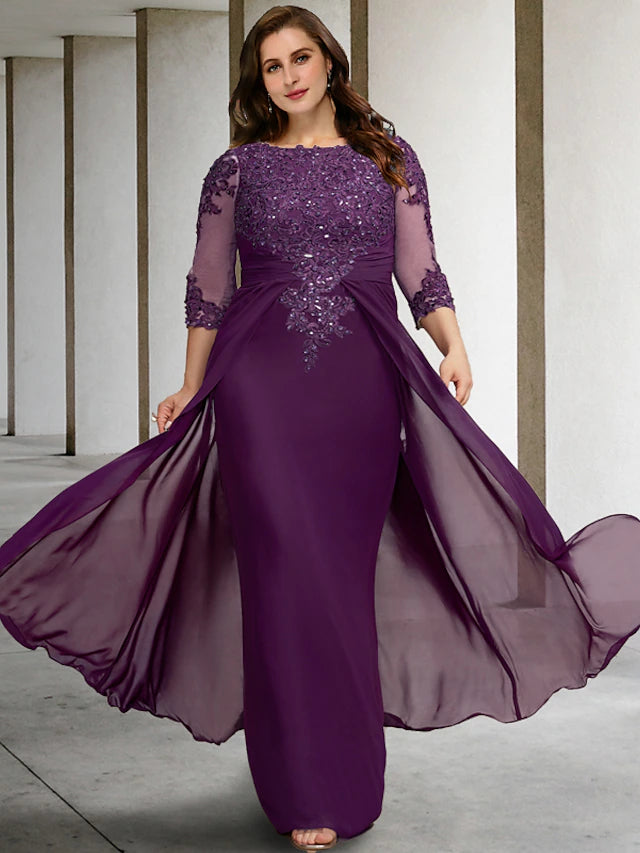 Sheath / Column Plus Size Curve Mother of the Bride Dresses Luxurious Dress Formal Floor Length Half Sleeve Jewel Neck Chiffon
