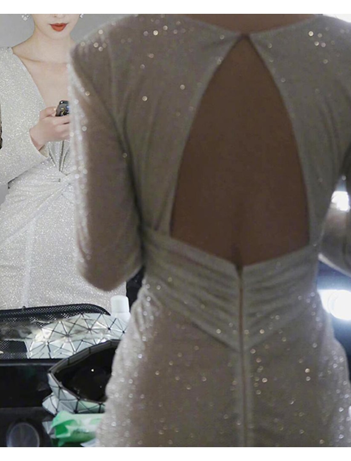 Sheath / Column Homecoming Dresses Sparkle & Shine Dress Party Wear Tea Length Long Sleeve V Neck Sequined with Sequin