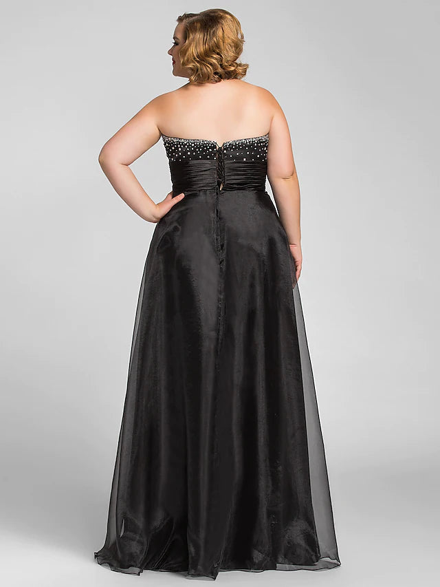 A-Line Little Black Dress Dress Prom Floor Length Sleeveless Sweetheart Organza with Ruched
