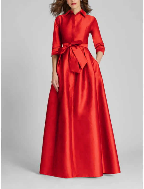 Satin A-Line Evening Gown Champagne Gold Minimalist Black Christmas Red Green Dress Dress Formal Fall Floor Length Half Sleeve Shirt Collar with Bow(s)