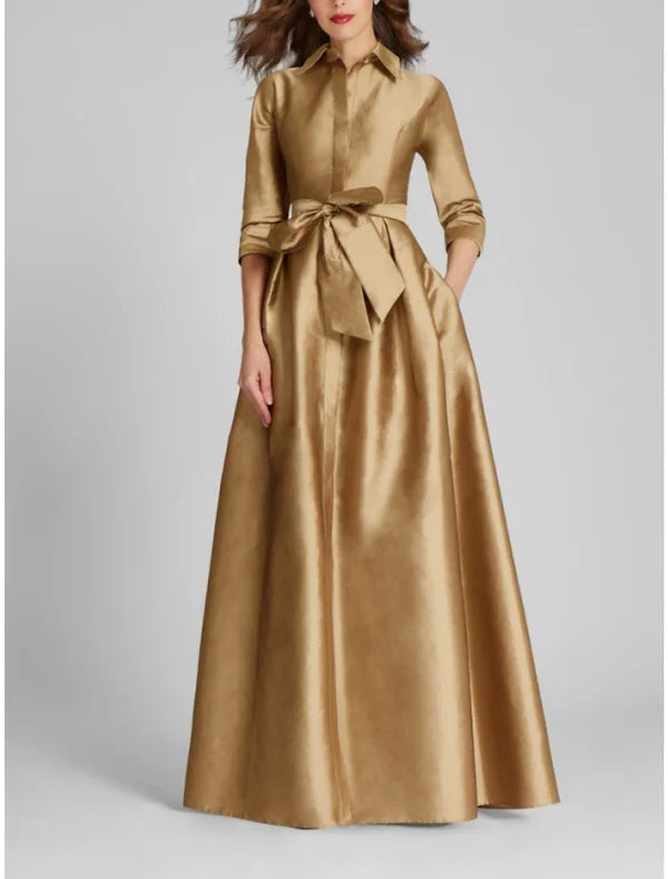 Satin A-Line Evening Gown Champagne Gold Minimalist Black Christmas Red Green Dress Dress Formal Fall Floor Length Half Sleeve Shirt Collar with Bow(s)