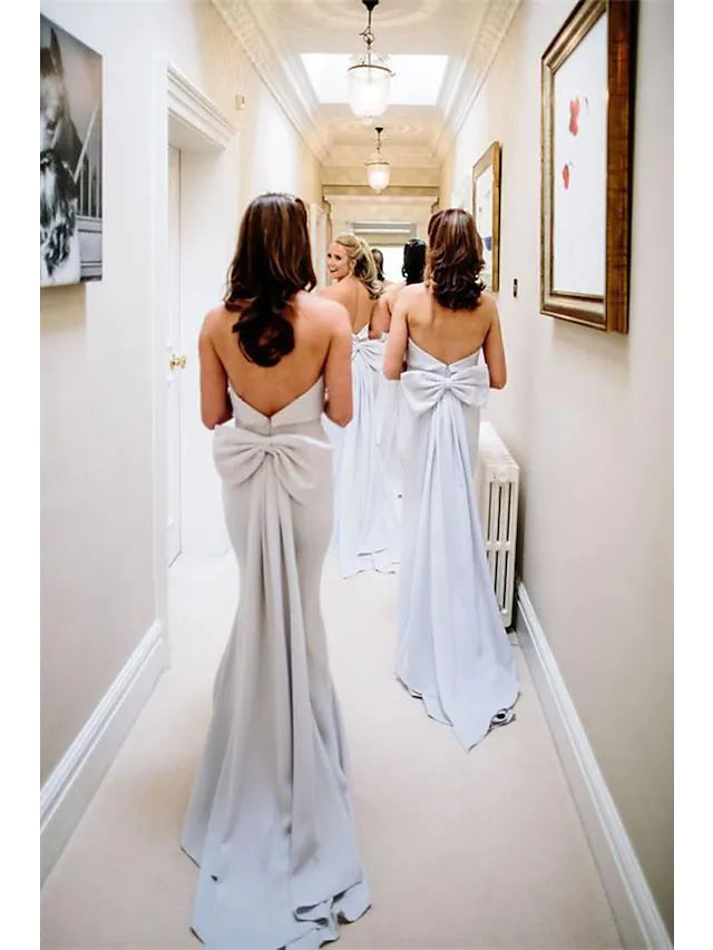 Bridesmaid Dress Strapless Sleeveless Elegant Jersey with Bow(s) Ruffles Off Shoulder
