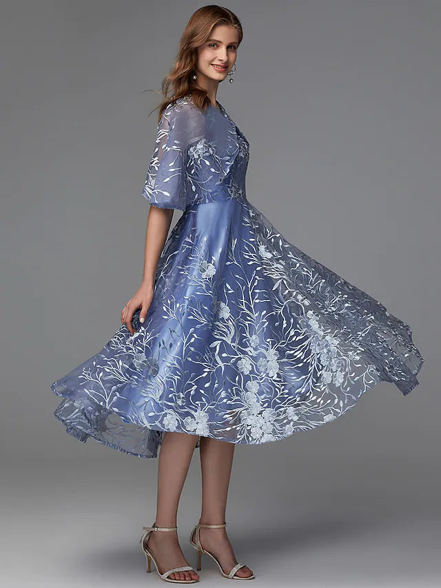 A-Line Floral Dress Wedding Guest Tea Length Sleeveless V Neck Lace V Back with Pattern / Print