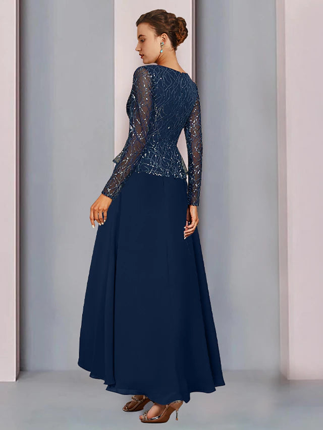 Sheath / Column Mother of the Bride Dress Wedding Guest Elegant Sparkle & Shine V Neck Asymmetrical Chiffon Lace Sequined Long Sleeve