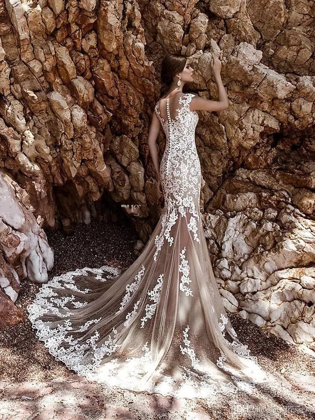 Engagement Formal Wedding Dresses Court Train Mermaid / Trumpet Cap Sleeve Illusion Neck Lace