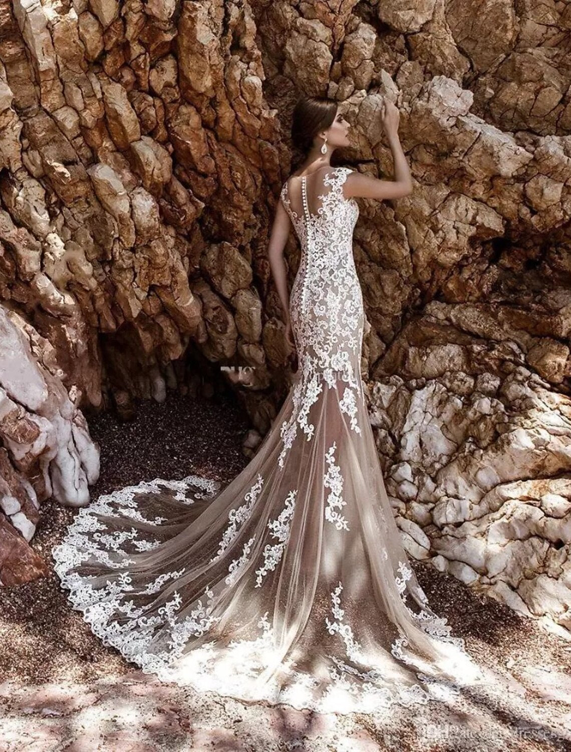 Engagement Formal Wedding Dresses Mermaid / Trumpet Illusion Neck Cap Sleeve Court Train Lace Bridal Gowns