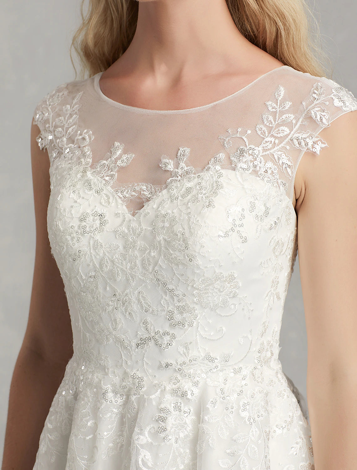 Reception Little White Dresses Wedding Dresses A-Line Illusion Neck Cap Sleeve Knee Length Lace Bridal Gowns