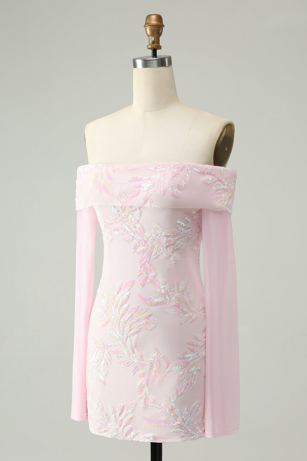 Cute Sparkly Bodycon Off The Shoulder Sequin Pink Homecoming Dress with Long Sleeves Beautiful