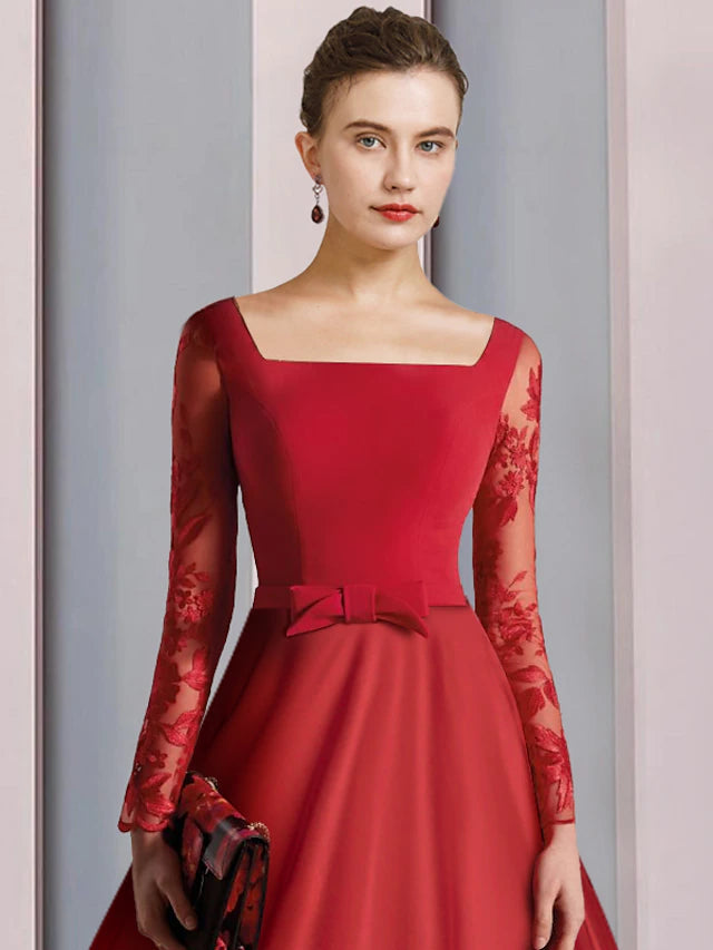 A-Line Mother of the Bride Dress Formal Wedding Guest Vintage Elegant Square Neck Tea Length Satin Lace Stretch Fabric Long Sleeve with Bow(s)