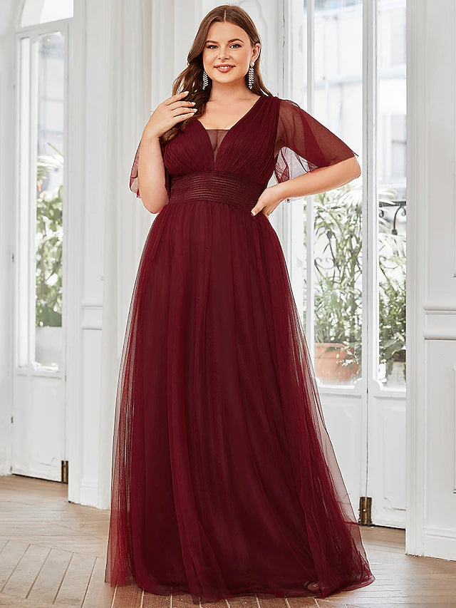 A-Line Bridesmaid Dress V Neck Short Sleeve Plus Size Floor Length Tulle with Ruffles / Draping