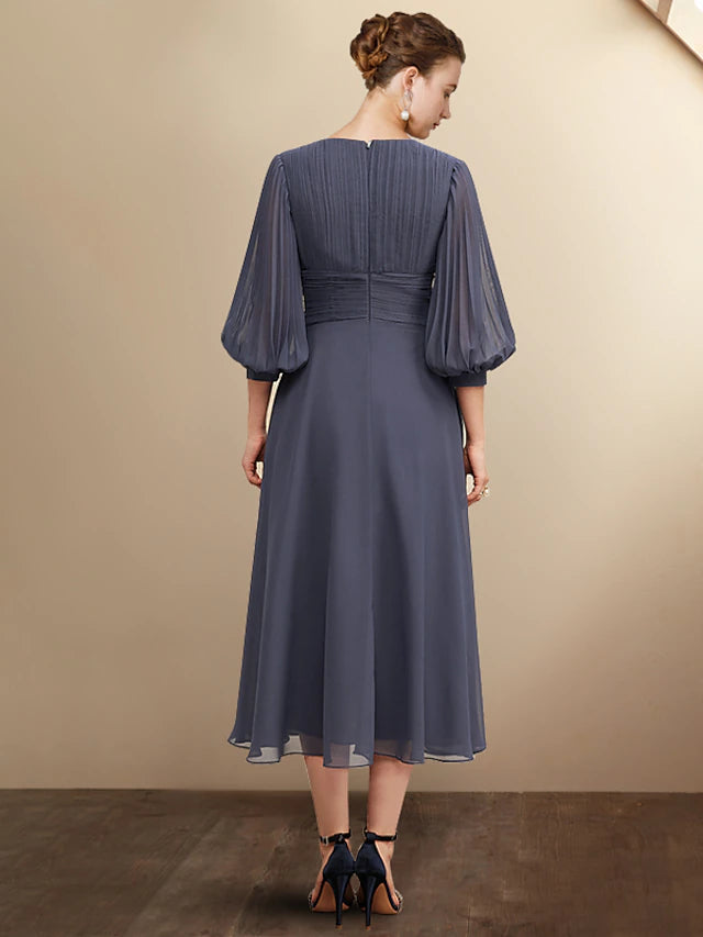 A-Line Mother of the Bride Dress Plus Size Elegant V Neck Tea Length Chiffon 3/4 Length Sleeve