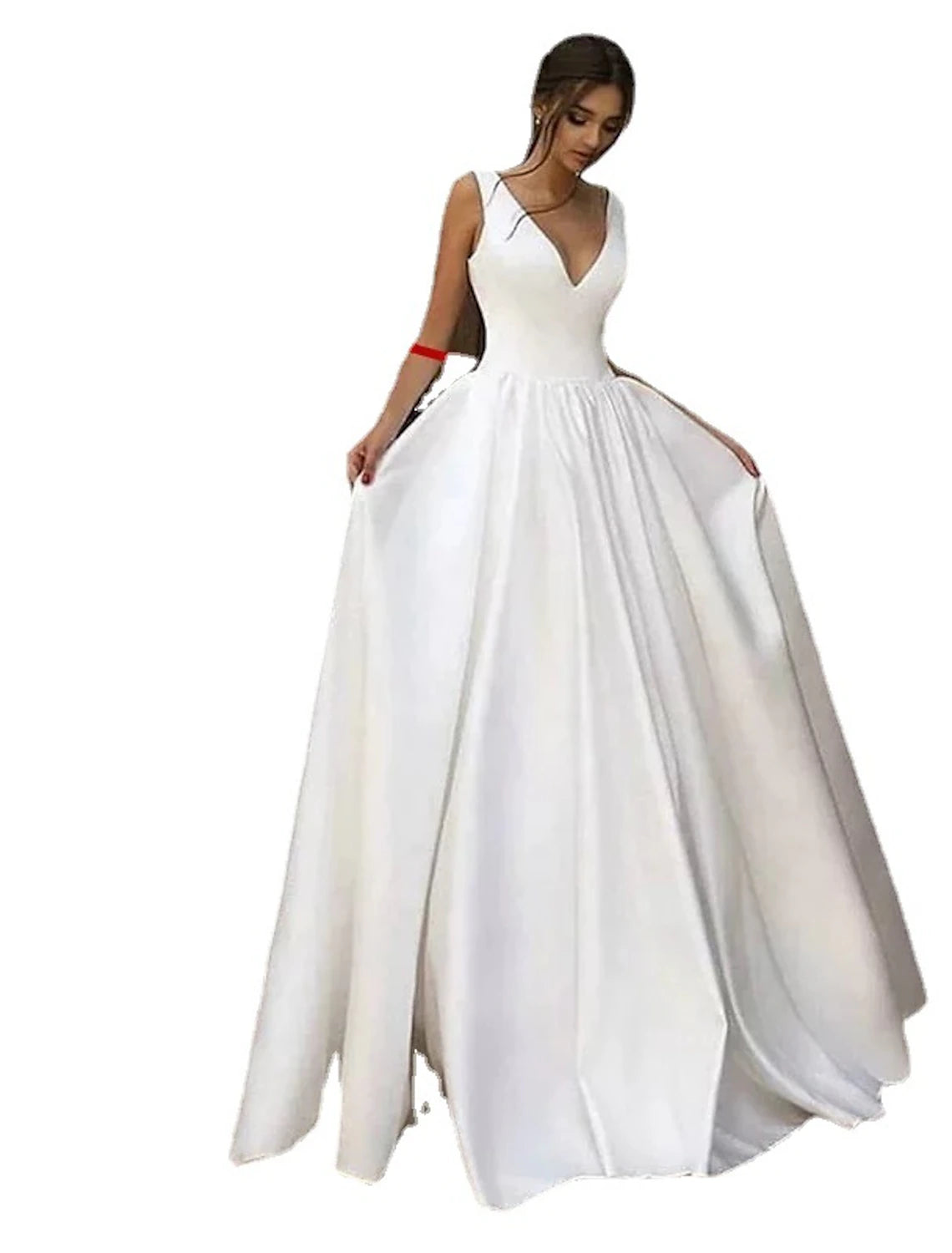 Reception Casual Formal Wedding Dresses A-Line V Neck Sleeveless Floor Length Satin Bridal Gowns With Pleats Solid Color Fall Wedding Party