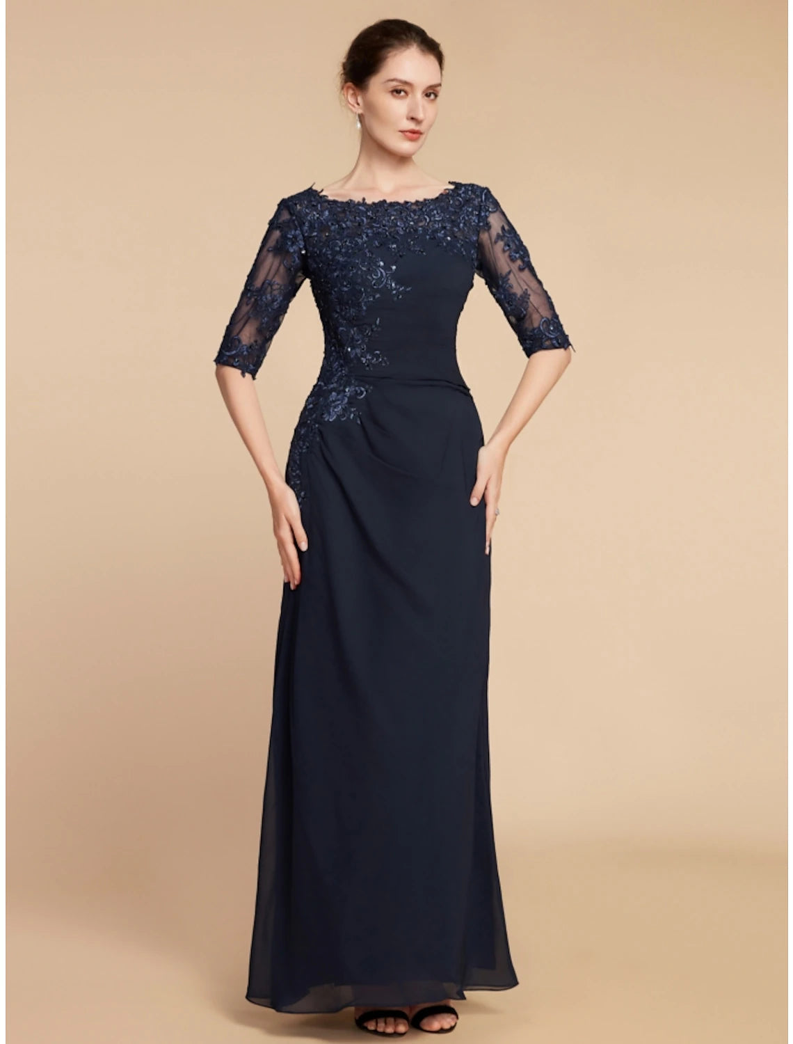 Sheath / Column Mother of the Bride Dress Wedding Guest Elegant Scoop Neck Ankle Length Chiffon Lace Half Sleeve with Sequin Ruching