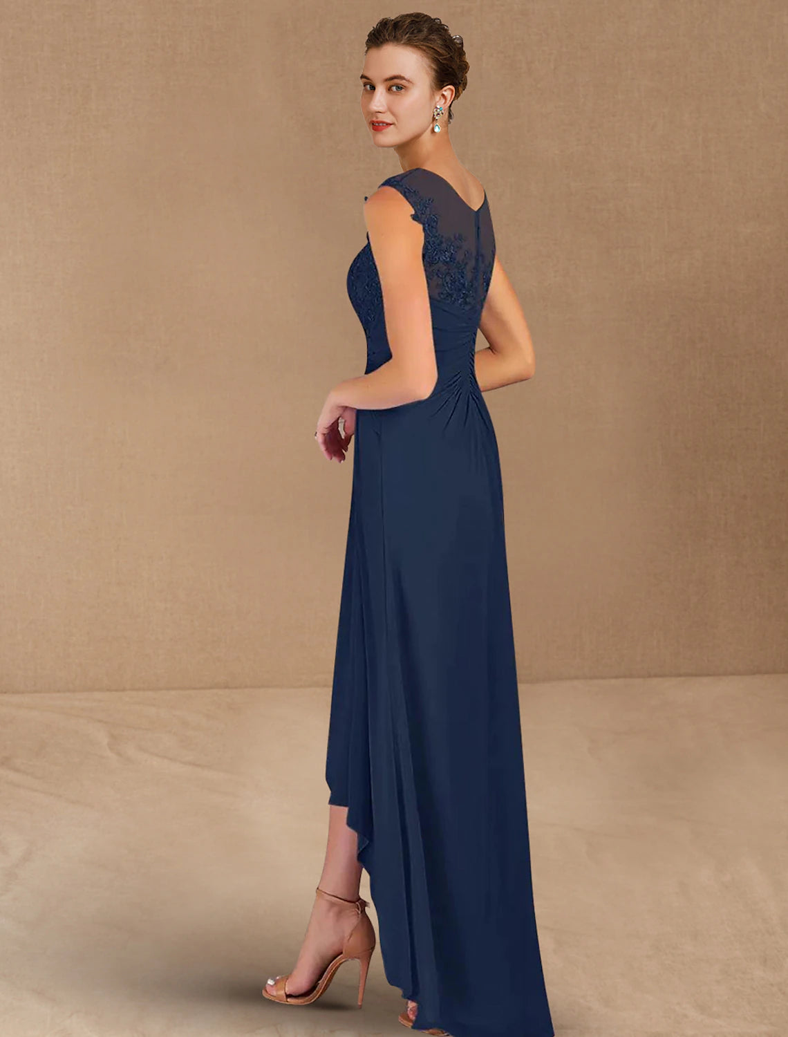 A-Line Mother of the Bride Dress Formal Wedding Guest Elegant Jewel Neck Asymmetrical Chiffon Sleeveless with Lace Sequin