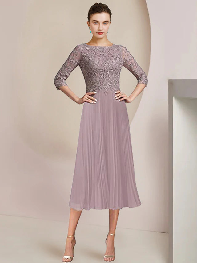 Two Piece A-Line Mother of the Bride Dress Formal Wedding Guest Elegant Scoop Neck Tea Length Lace 3/4 Length Sleeve Wrap Included with Pleats