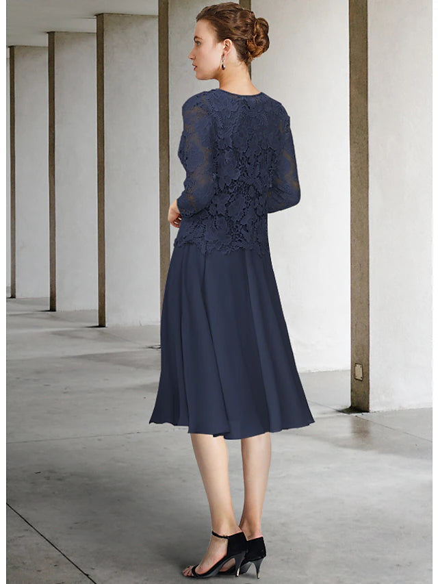 Two Piece A-Line Mother of the Bride Dress Elegant Jewel Neck Knee Length Chiffon Lace 3/4 Length Sleeve with Bow(s)