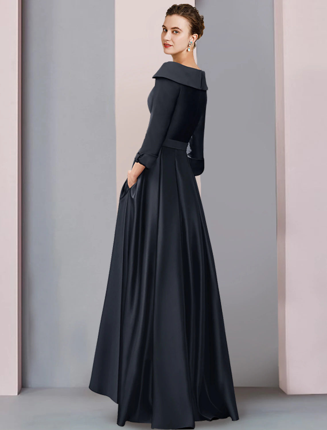 A-Line Mother of the Bride Dress Wedding Guest Elegant High Low Scoop Neck Asymmetrical Tea Length Satin 3/4 Length Sleeve