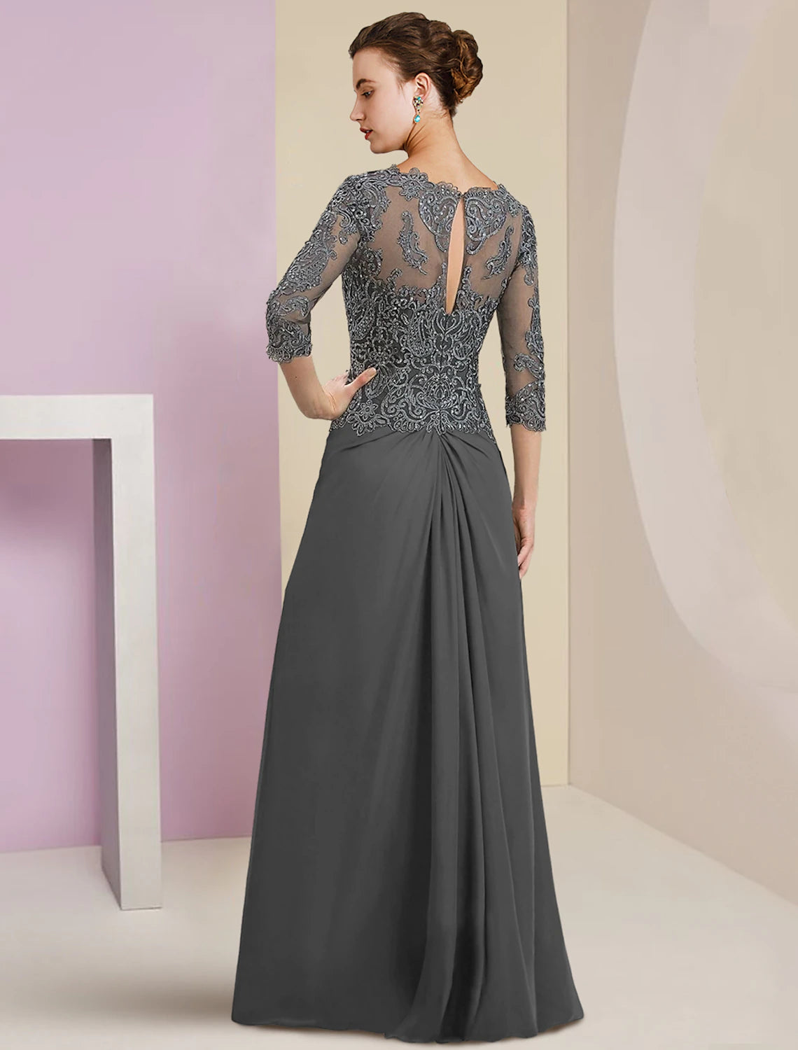 Sheath / Column Mother of the Bride Dress Formal Wedding Guest Elegant V Neck Floor Length Chiffon Lace 3/4 Length Sleeve