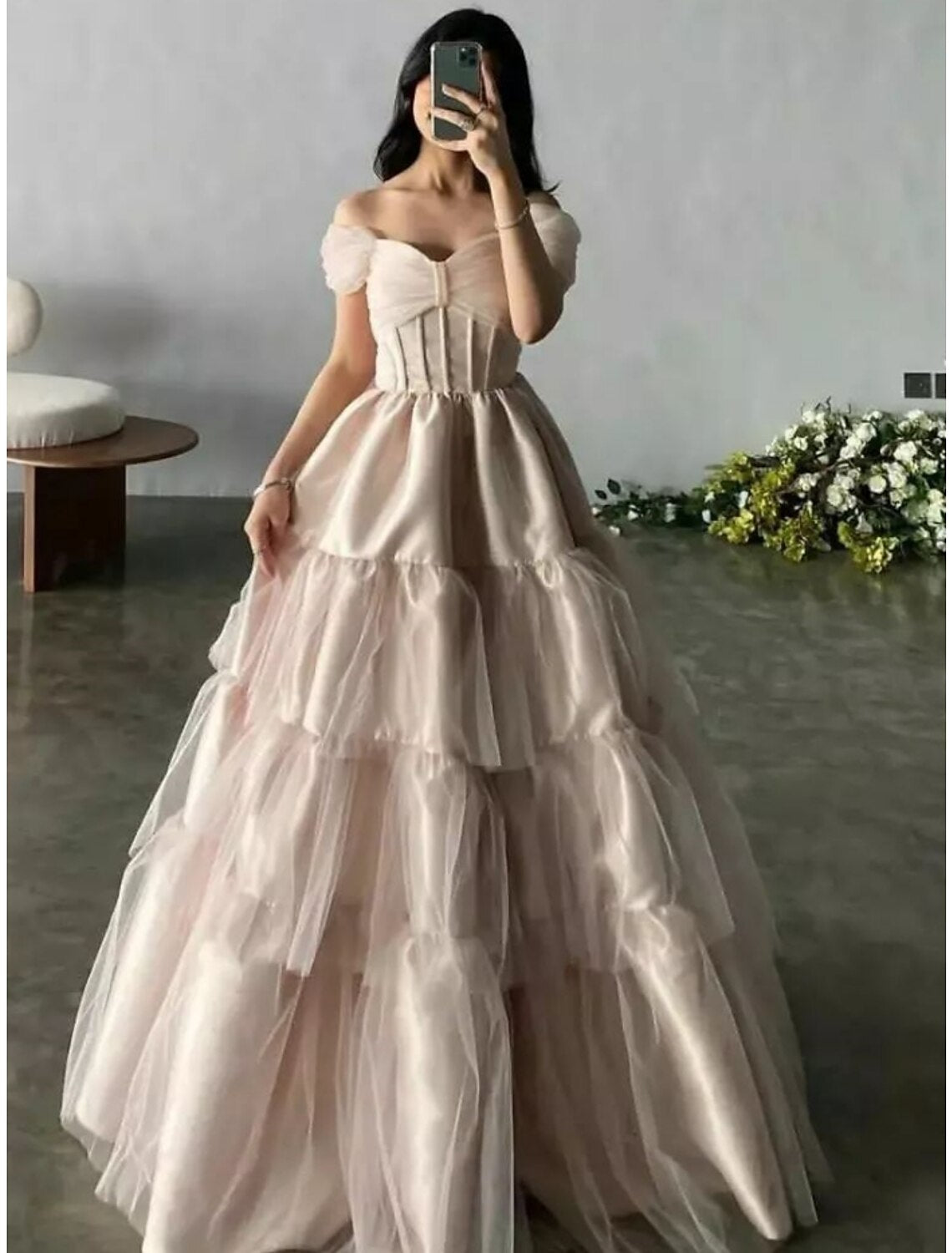 A-Line Evening Gown Princess Dress Formal Floor Length Short Sleeve Off Shoulder Satin