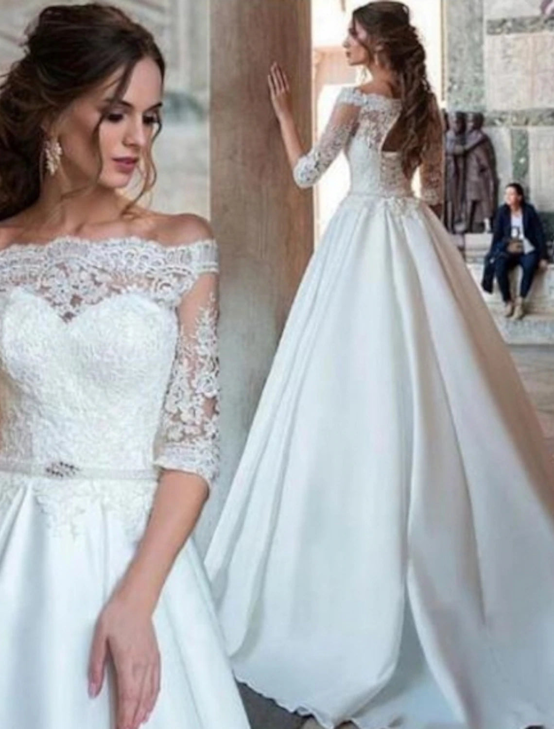 Engagement Formal Wedding Dresses Ball Gown Off Shoulder Half Sleeve Sweep / Brush Train Satin Bridal Gowns With Pleats