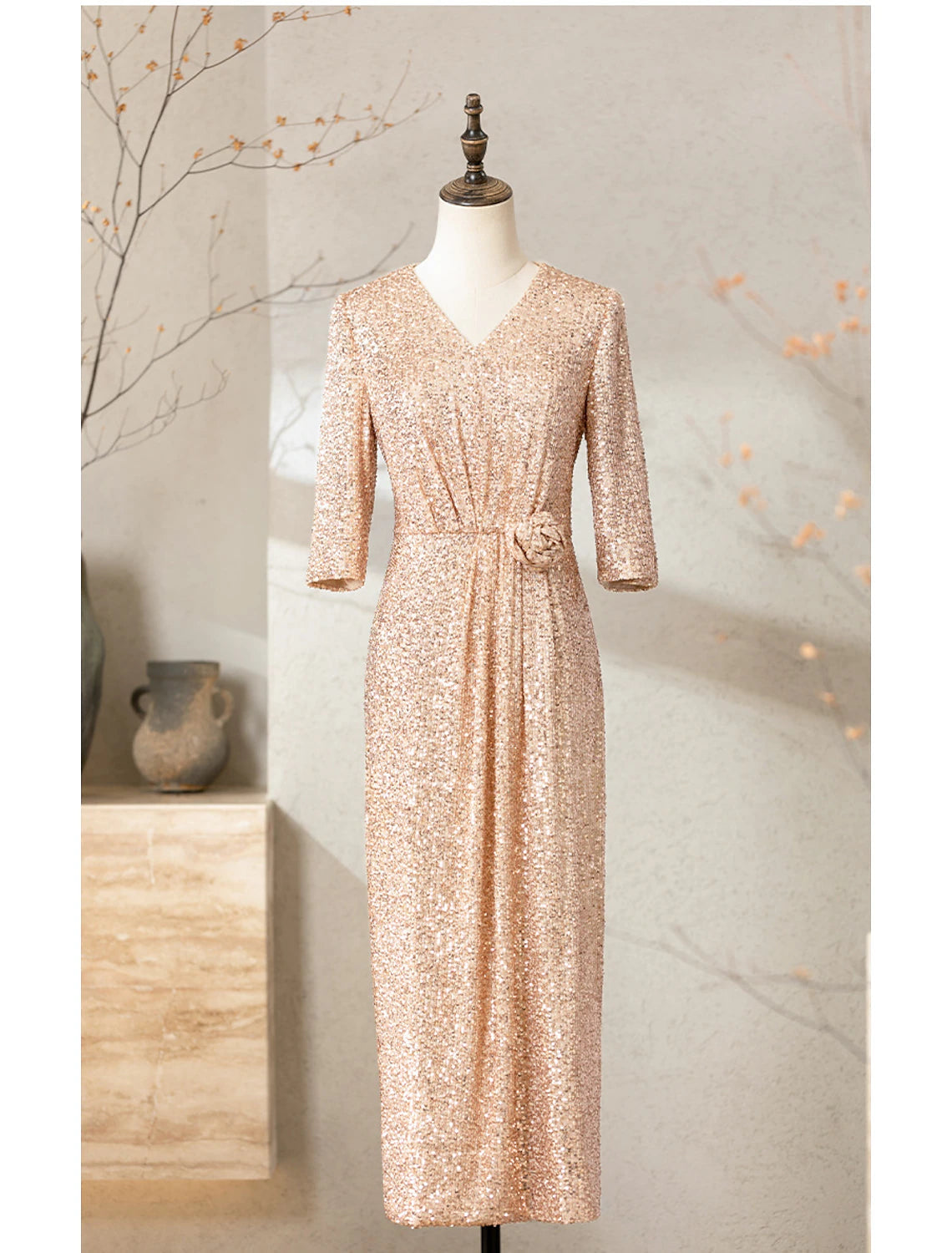 Sheath / Column Cocktail Dresses Sparkle & Shine Dress Wedding Party Floor Length Half Sleeve V Neck Sequined with Sequin