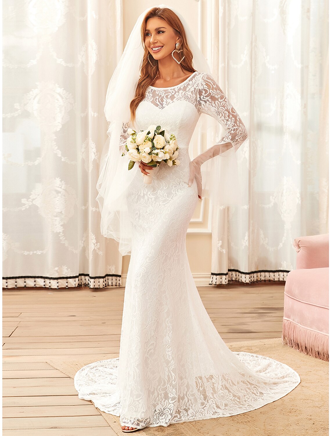 Reception Boho Wedding Dresses Mermaid / Trumpet Illusion Neck Long Sleeve Sweep / Brush Train Lace Bridal Gowns