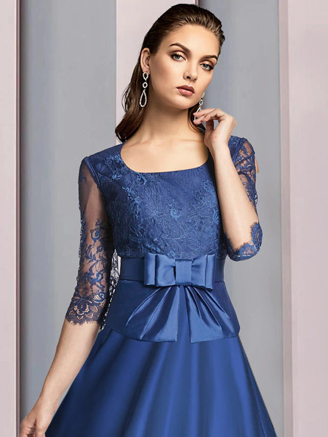 A-Line Mother of the Bride Dress Formal Wedding Guest Party Elegant Scoop Neck Tea Length Satin Lace Half Sleeve