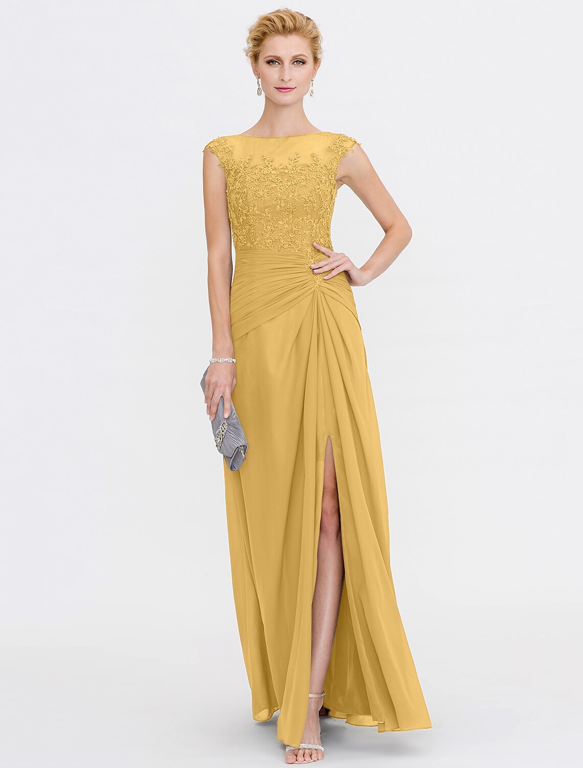 A-Line Mother of the Bride Dress Wedding Guest Elegant See Through Bateau Neck Floor Length Chiffon Lace Sleeveless