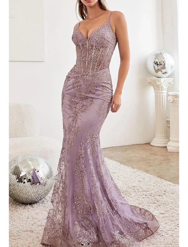 Mermaid / Trumpet Prom Dresses Celebrity Style Dress Graduation Prom Court Train Sleeveless V Neck Lace with Glitter Crystals