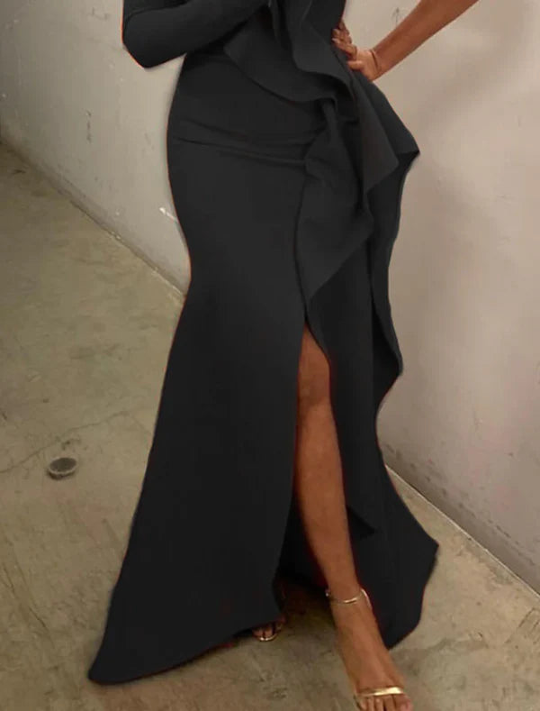 Mermaid / Trumpet Evening Gown Elegant Dress Formal Evening Floor Length Long Sleeve One Shoulder Fall Wedding Guest Stretch Fabric with Ruffles