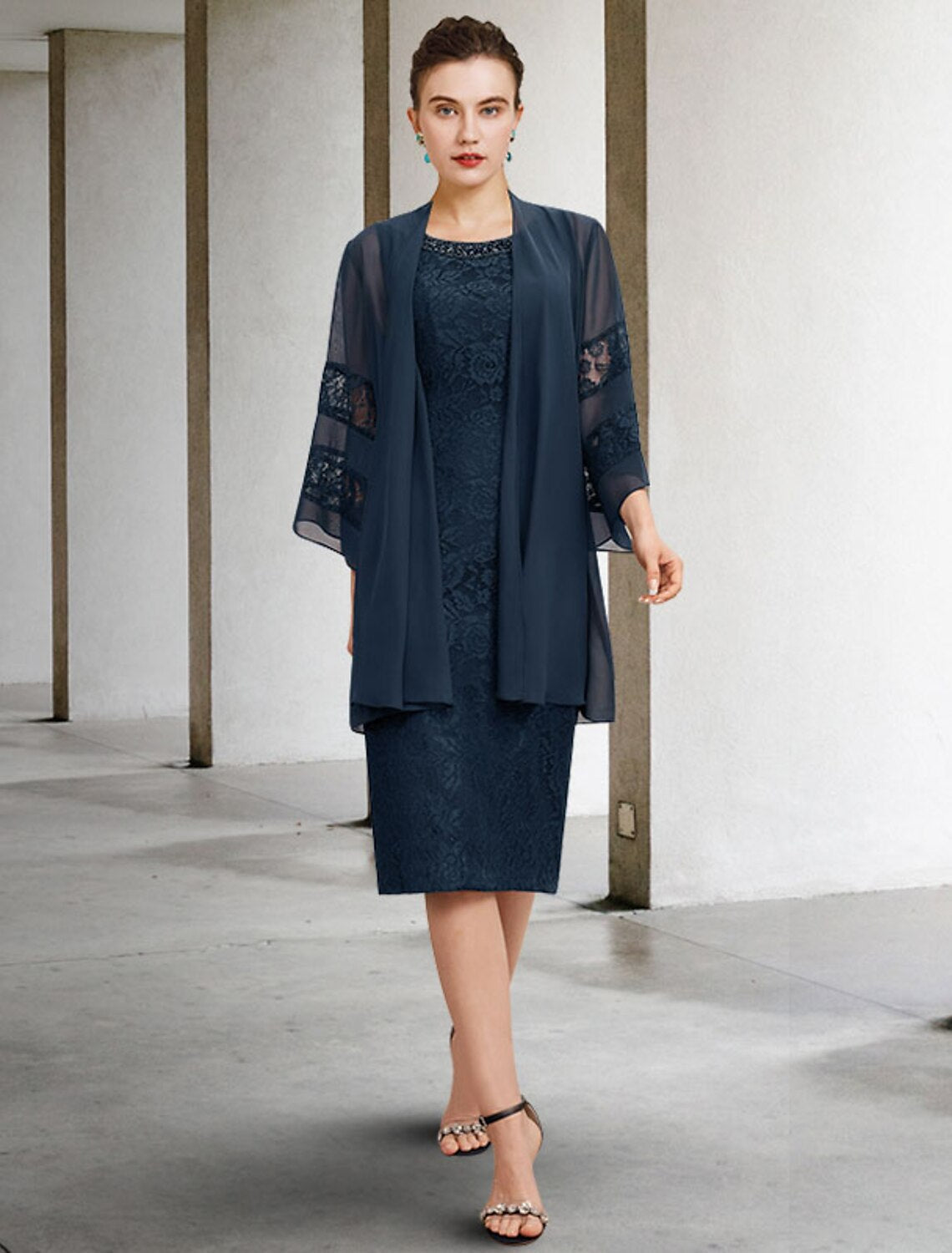 Two Piece Sheath / Column Mother of the Bride Dress Wedding Guest Plus Size Elegant Jewel Neck Knee Length Chiffon Lace Sleeveless